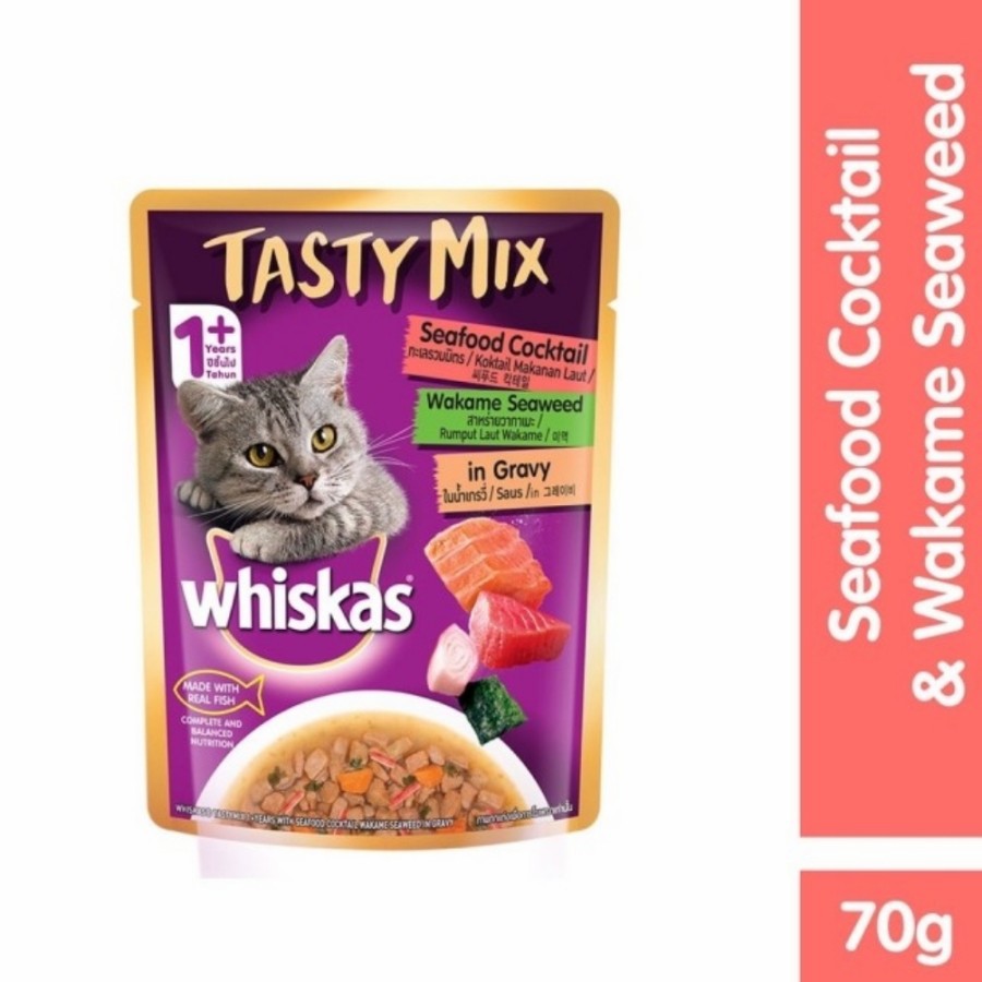 (4 POUCH) WHISKAS TASTY MIX SEAFOOD COCKTAIL &amp; WAKAME SEAWEED 70 GR