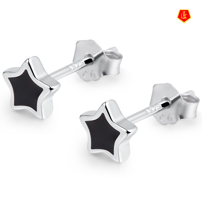 [Ready Stock]Silver Black Classic Heart-Shaped Geometric Ear Studs