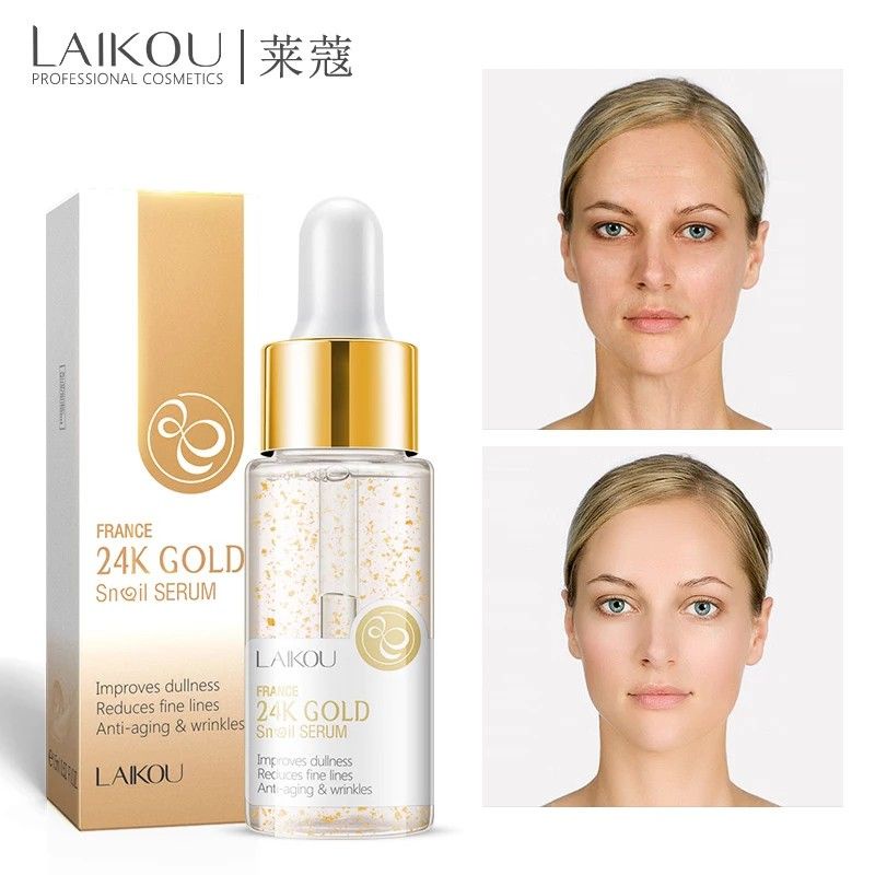 Laikou Snail Serum 24K Gold Essence Siput Emas 24K Mengencangkan Wajah Anti Keriput Anti Aging Anti Penuaan