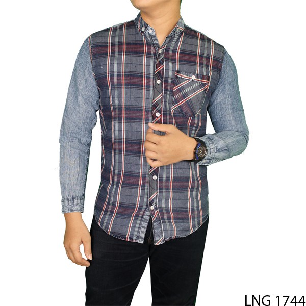 Baju Kemeja Denim Pria Denim Biru Kombinasi – LNG 1744