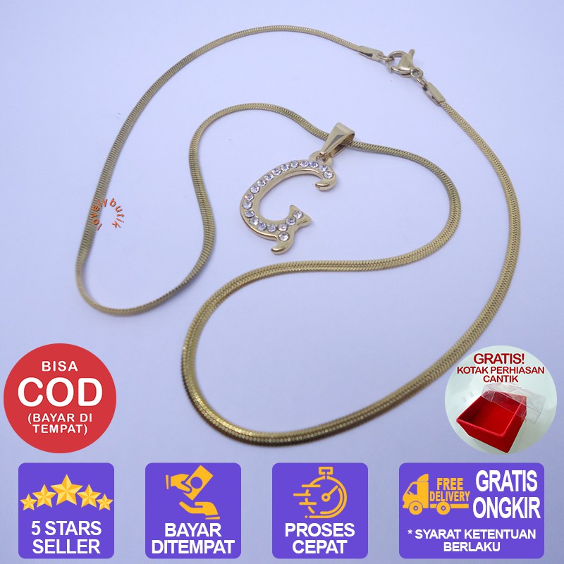 Lovelybutik Honey Kalung Huruf Titanium Anti Karat Inisial G Uk 45 cm BONUS KOTAK PERHIASAN