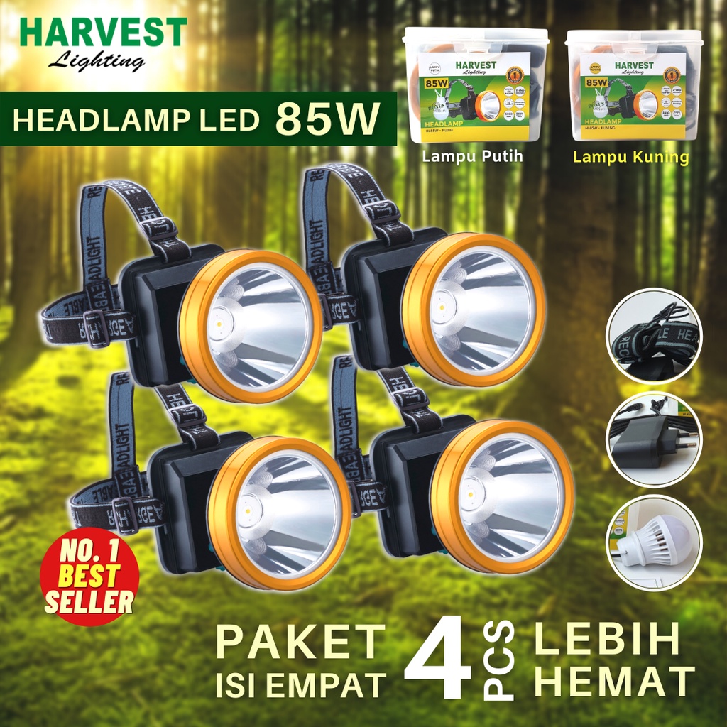 85W - PAKET ISI 4 - Headlamp HARVEST LIGHTING Senter Kepala LED 3000Mah Lampu Emergency Travel Hunting Rechargeable Original Bergaransi