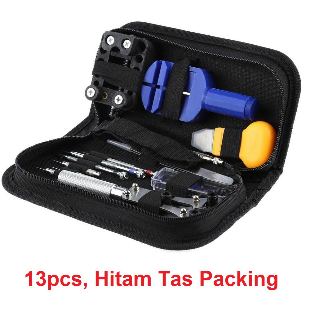 Perlengkapan Alat Perbaikan Tool Service Servis Pembuka Jam Tangan Arloji Watch Obeng Set Komplit-13PCS Hitam Tas Pack