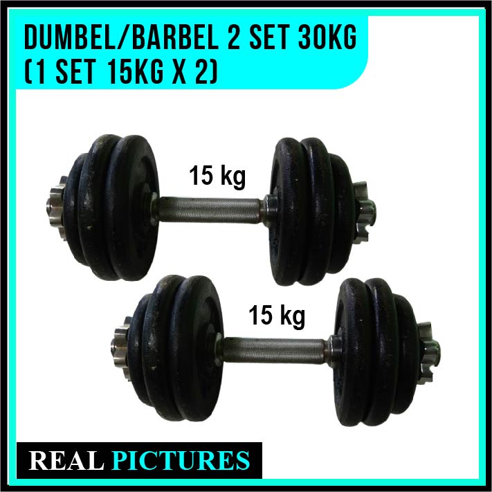 DUMBBELL BARBELL 2 SET 30KG / 1 SET BARBEL BEBAN 15KG X 2 SET DUMBLE BESI, STIK DAMBEL CHROME SILVER