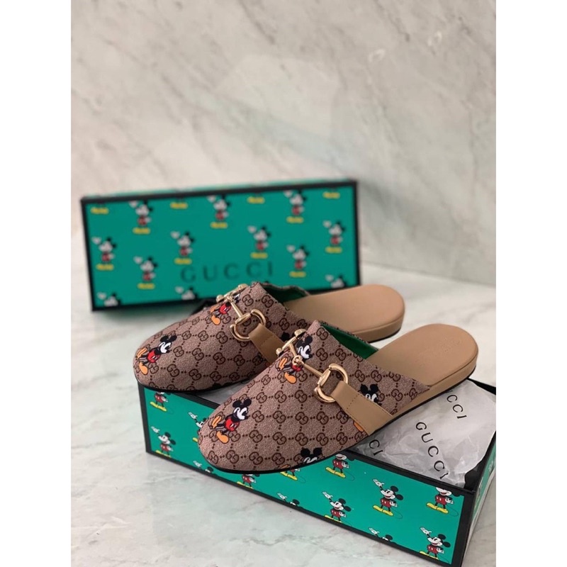 Sepatu Sendal Teplek Datar Wanita GC Flat Slip On Mules Sandals Shoes Premium Import, Coklat Brown C