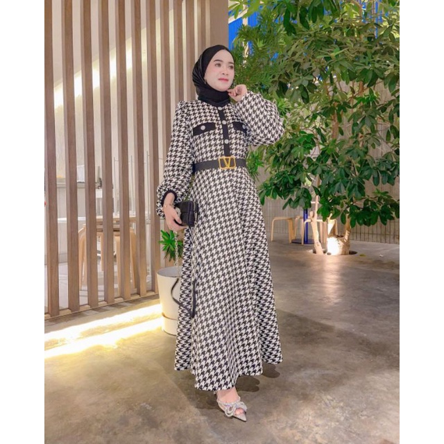 Midi Dress Selebgram Twins Nabila Cut Melisa Terlaris Extu / Aruna Midi Dress / Midi Houndstooth / G