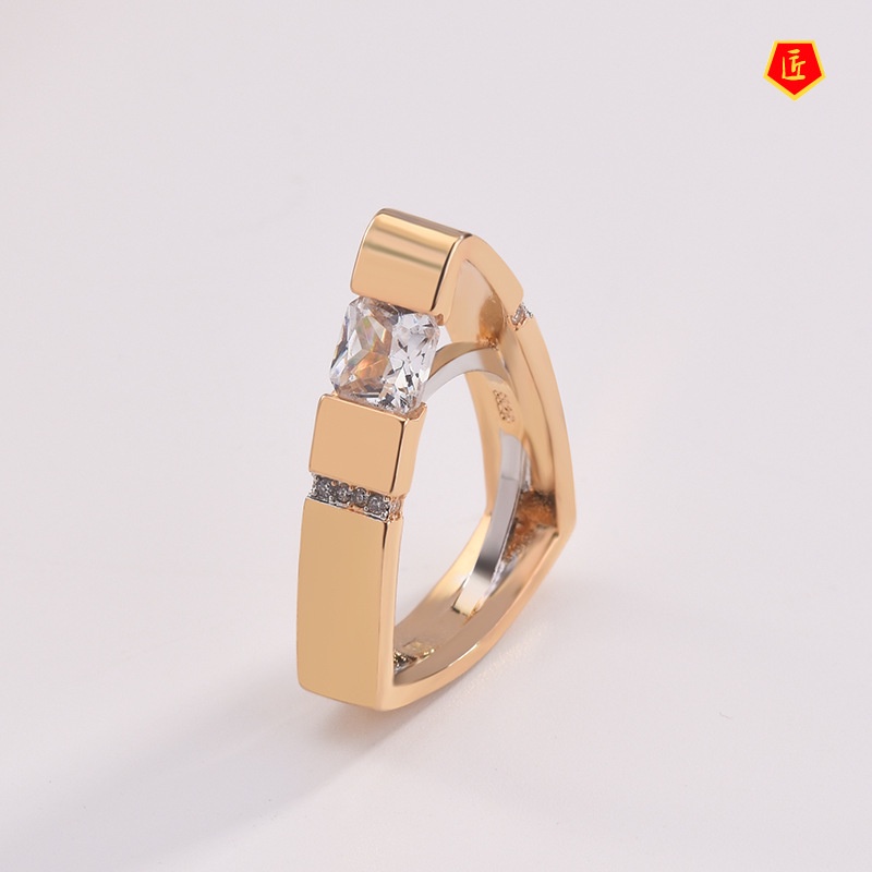 [Ready Stock]Creative Geometric Triangle Diamond-Studded Ring 18K Gold Color Separation