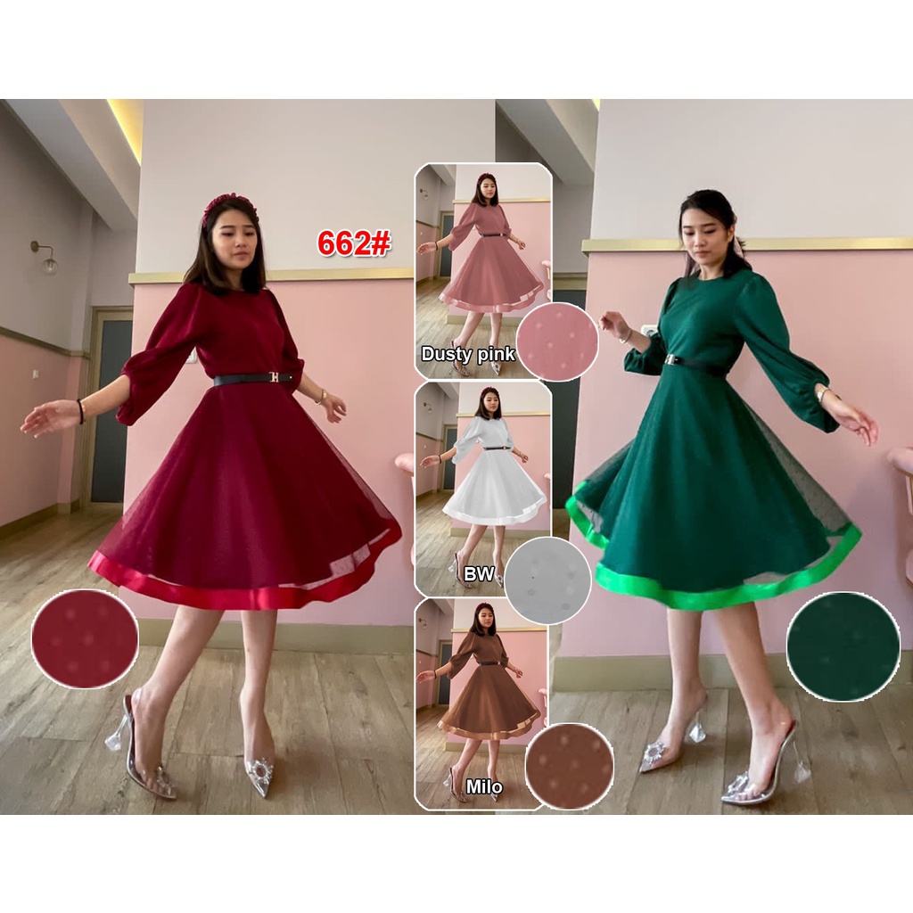 Dress 662/Dress Fashion Wanita/Gaun Cewek/Terusan Dress Pesta free belt/Casual Dress/Mini Dress