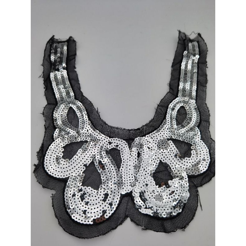 APLIKASI KERAH BAJU WARNA SILVER PERAK BAHAN PAYET RAMBOCI PER PCS
