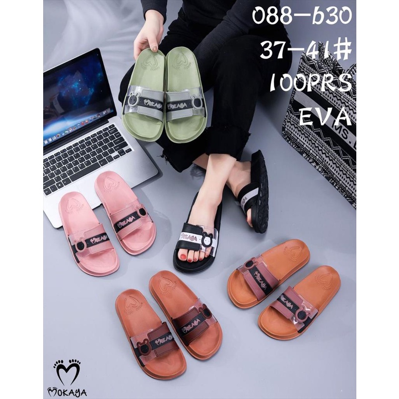 Sandal Slop Jelly Wanita Ban Strip Mokaya Gerper Bear Sama Warna Mix Transparant Simple Cantik Elegant Import Mokaya / Size 37-41 (088-b30)