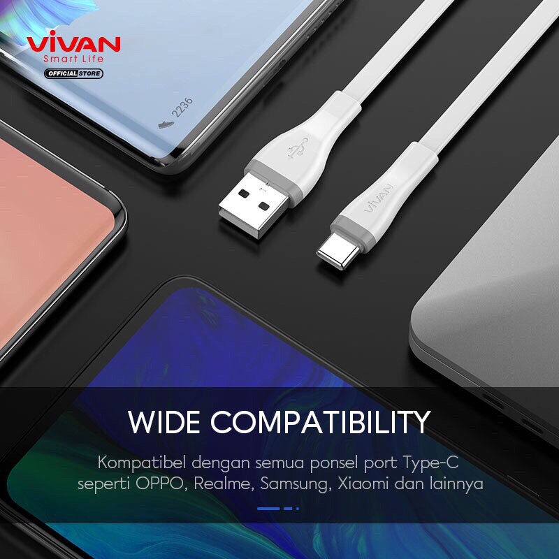 VIVAN Kabel Data Type C Fast Charging SC30S SC100S SC200S 2.4A Quick Charge Flat Design White