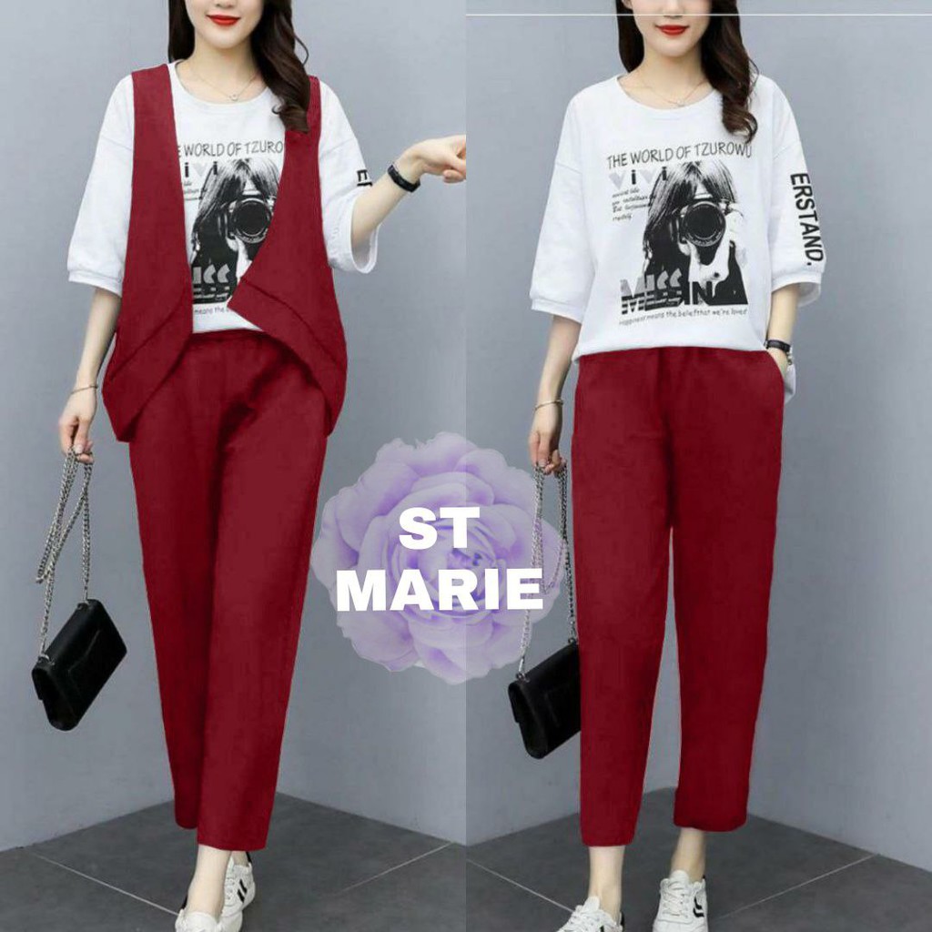 SETELAN MARIE FASHION WANITA 3in1 KAOS/ROMPI/CELANA GOOD QUALITY KASUAL