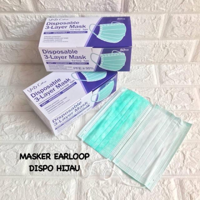 MASKER EARLOOP HIJAU MERK DISPO TERMURAH 1BOX ISI 50PCS