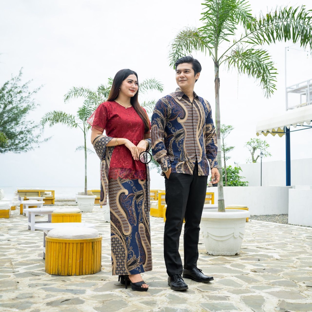 Saroja (990) Couple Batik Atasan Dress Brukat Nirina Free Selendang Parang biru