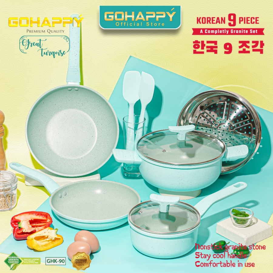 PANCI SET  MARBLE gohappy korean set 9 swiss Terdiri dari  9pc Wok steamer fry pan milkpan anti lengket design chef renatta Supra