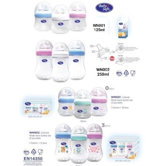 Baby Safe Wide Neck Bottle 125ml 250ml - Babysafe Botol Susu Bayi Wideneck Curah - WN04 WN05 WN01 WN02 WNS01 WNS02 WN07 WN08