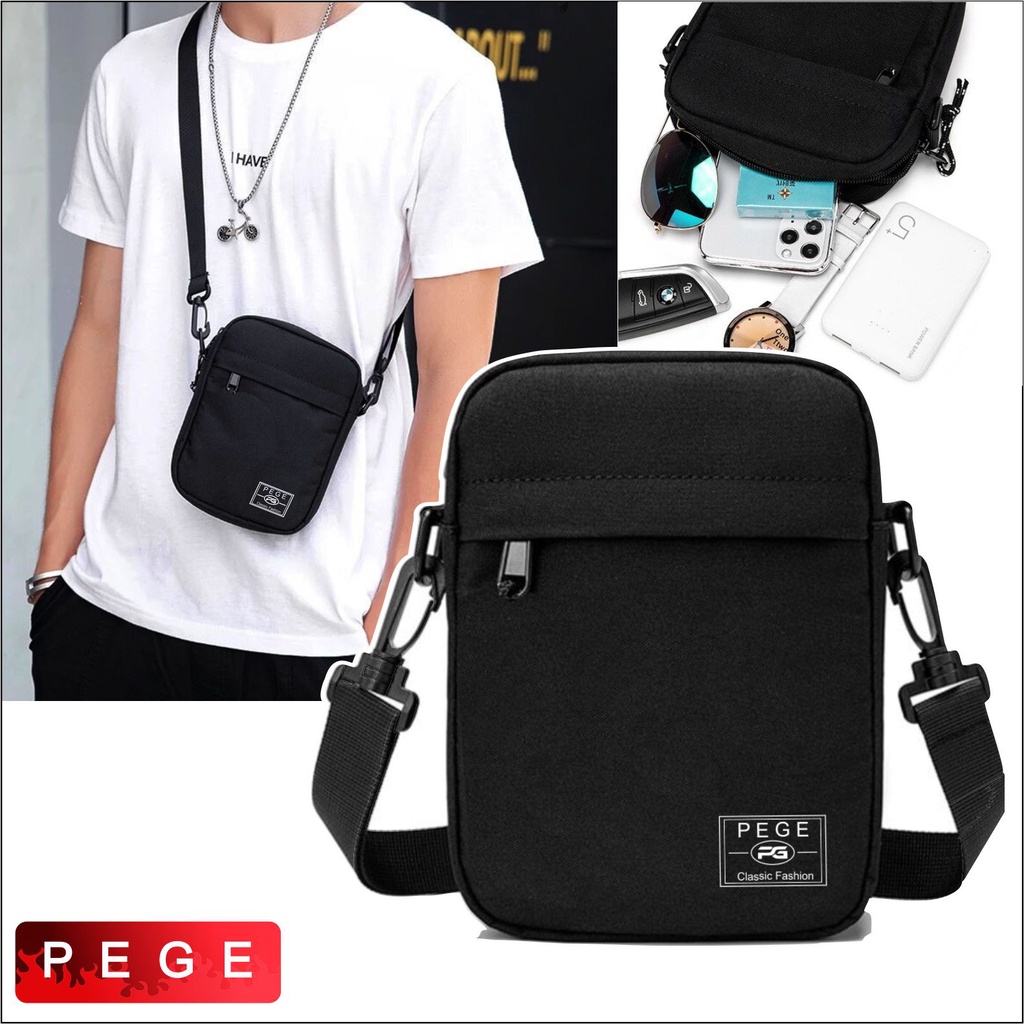 Tas Selempang Polos Pria Keren PEGE Slempang Fashion Kasual Hitam Slingbag Bahu Cowok - PG 8864