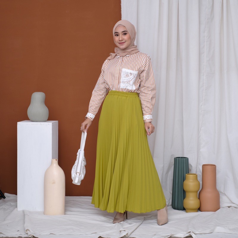 ROK PLISKET 256.B MURAH PREMIUM HYGET POLOS FLARE SKIRT REMPEL MUSLIM MAYUNG PANJANG MODELLANO FREXA-Lemon
