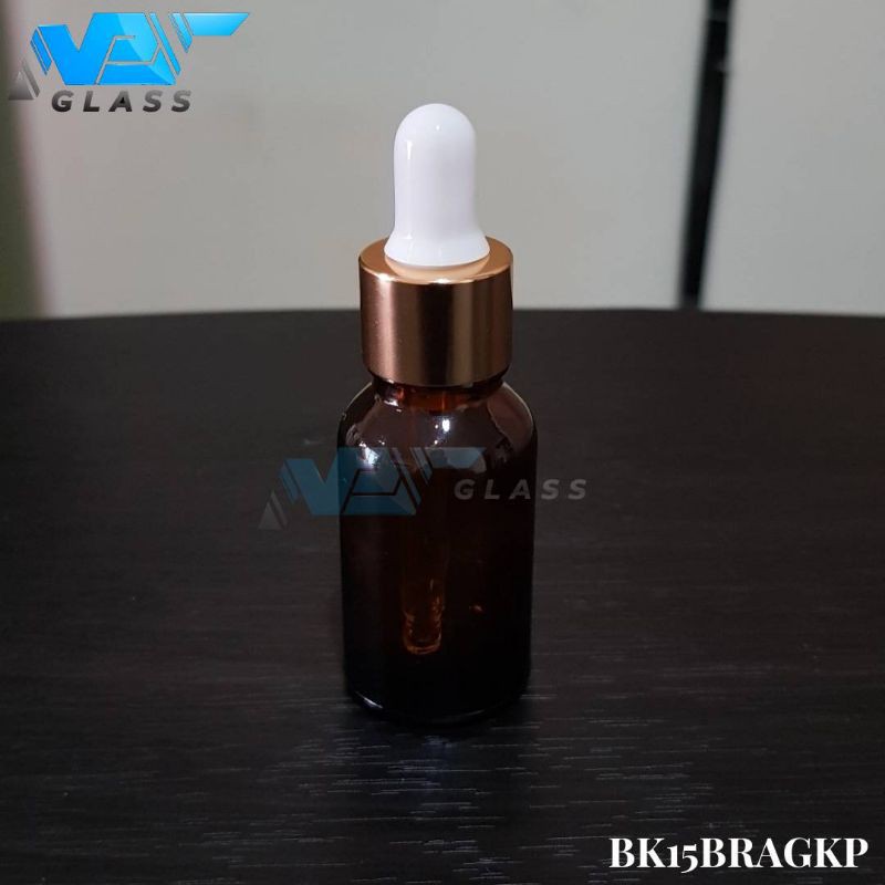 botol kaca pipet 15ml coklat / amber - ring almunium gold