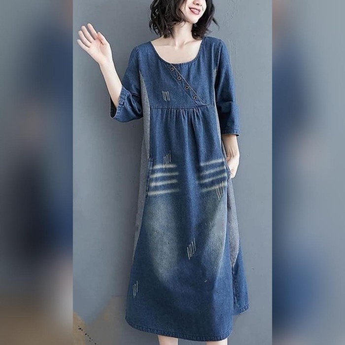 Midi dress Jeans terbaru / Ciara Midi dress - Biru(E2T0) midi dress korea maxi dress gamis Midi Dres