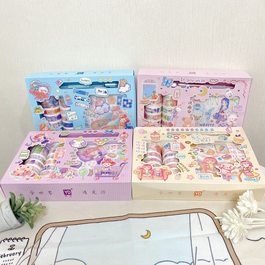 

PAKET STICKER BOX TIPE YDSZKD WASHI TAPE HANDBOOK GLITTER STICKER + CUTTER READY TERMURAH BISA COD