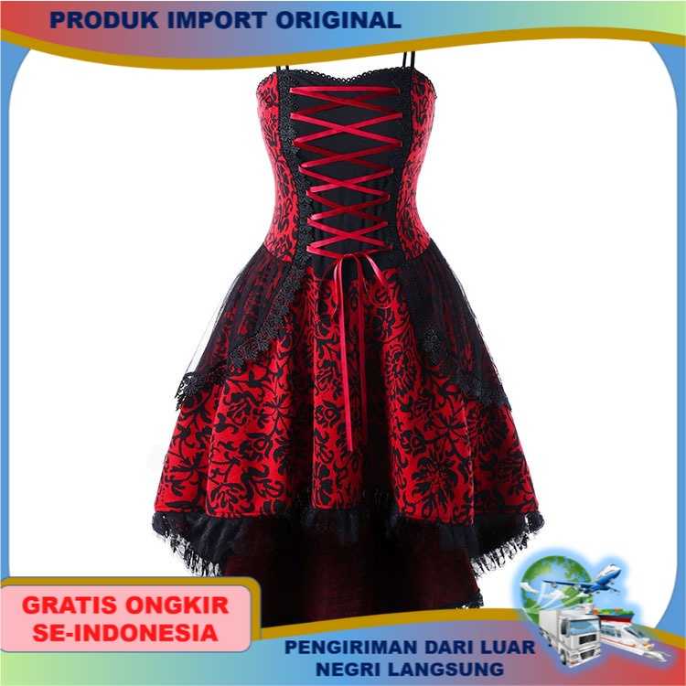 Pakaian Perempuan Eropa Amerika Import Gaun Wanita Retro Tali Spaghetti Renda Tali Pundak Ayunan Rok