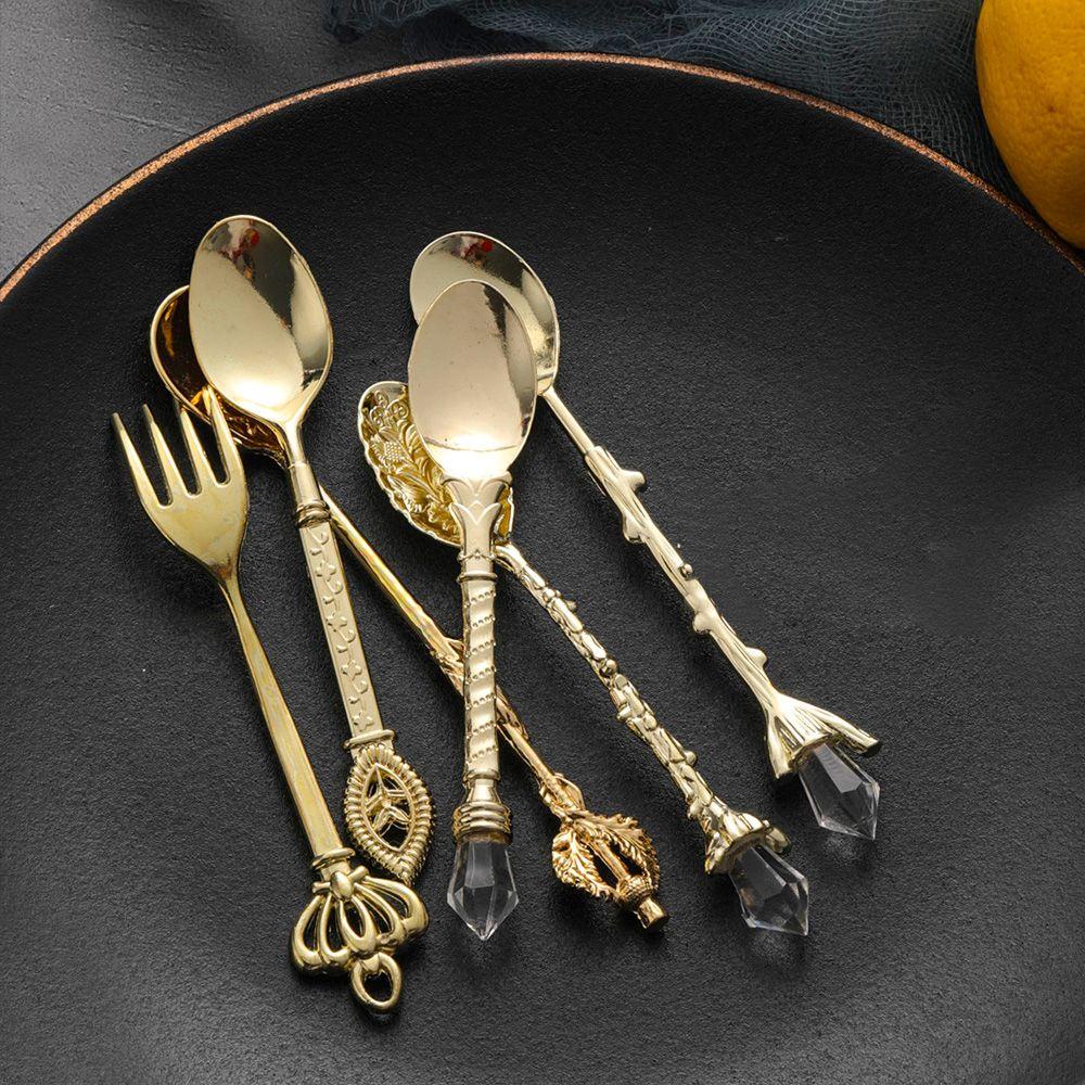 Top Vintage Sendok Garpu Alat Dapur Ukir Emas Reusable Untuk Kopi Makanan Ringan Buah Dessert Fork