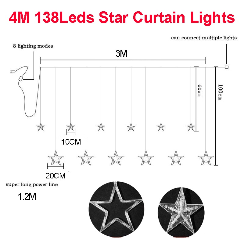 4M LAMPU LED Bintang Bulan Tirai String Lampu 8 Mode Dekorasi Lampu LED Rumah Liburan Pesta Pernikahan Tirai Taman