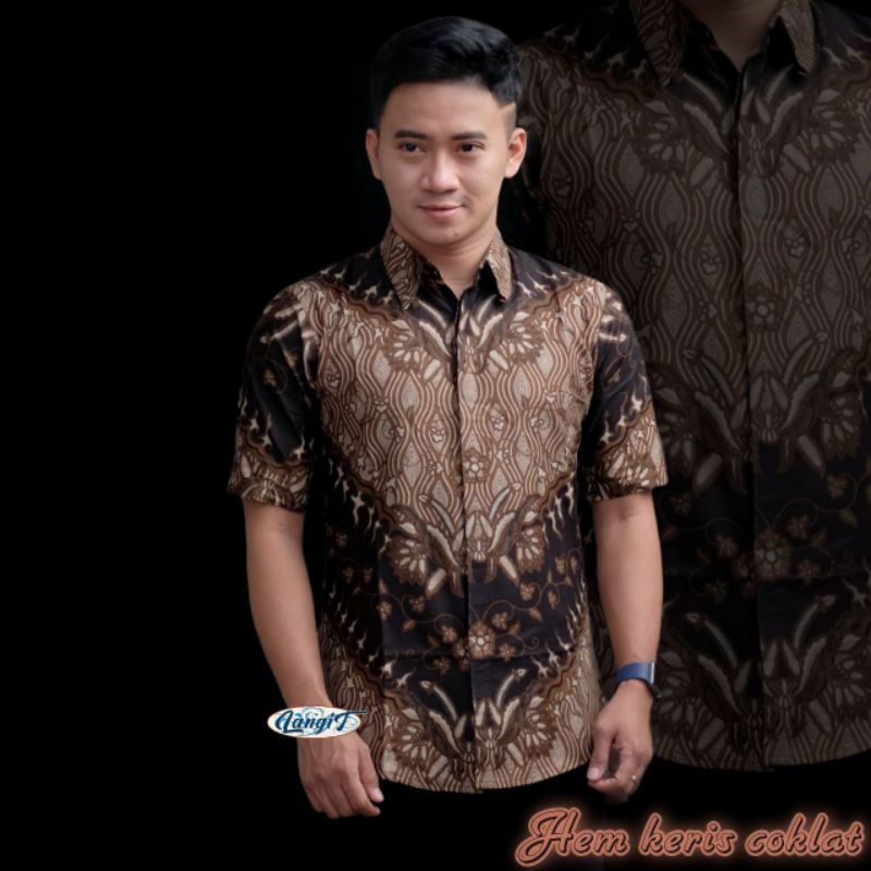 atasan batik Hem batik pria lengan pendek motif keris coklat