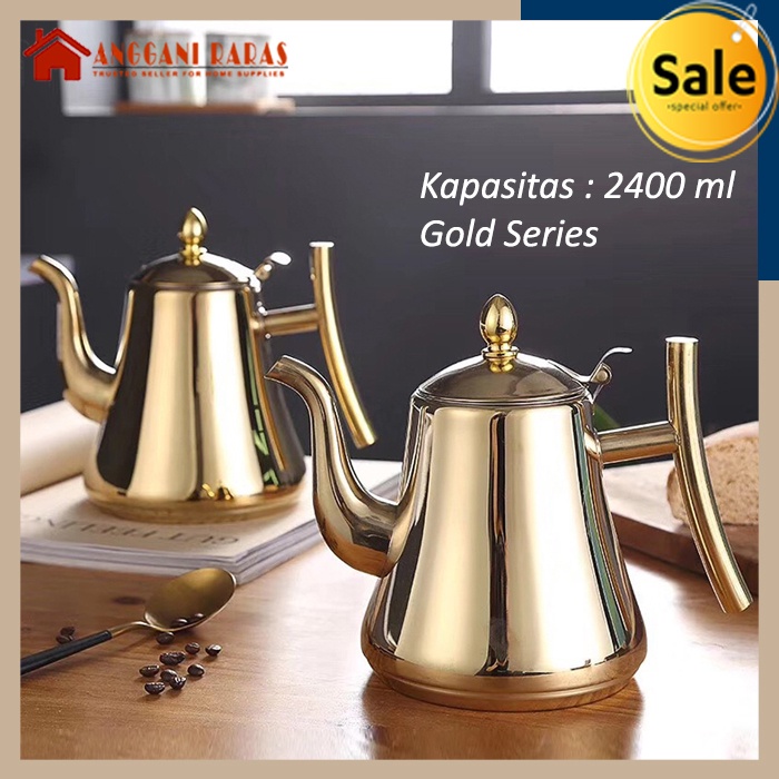 Teko Stainless Teko Kopi Kettle Coffee V60 Leher Angsa Warna Gold 2.4L