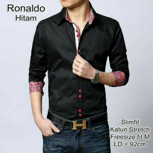 Melly81 COD Kemeja Pria RONALDO putih hitam baju fashion cowok