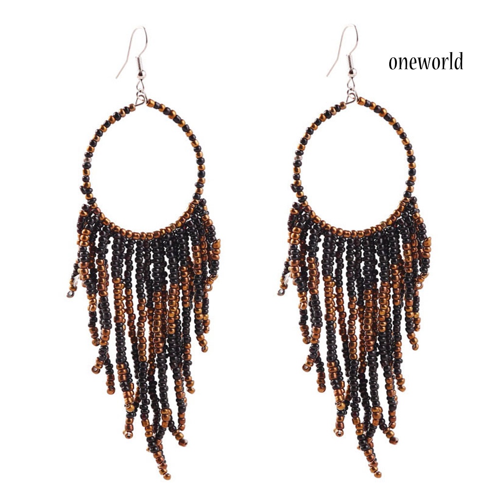 OW# Bohemian Women Beads Tassel Round Dangle Long Hook Earrings Statement Jewelry