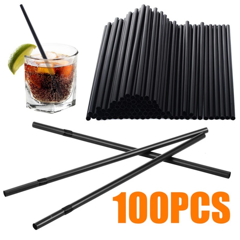 100pcs Sedotan Plastik Flexible Sekali Pakai Warna Hitam Panjang 21cm Untuk Pesta Pernikahan / Ulang Tahun