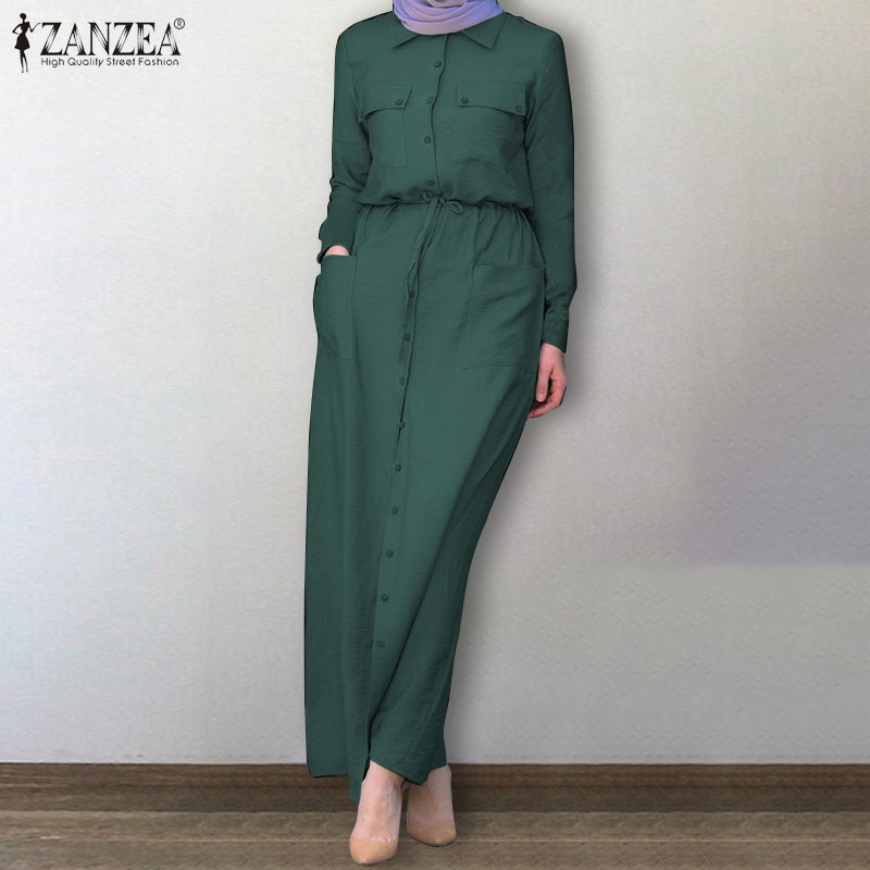 ZANZEA Women Long Sleeve Elastic waist Turn-Down-Collar Muslim Long Dress