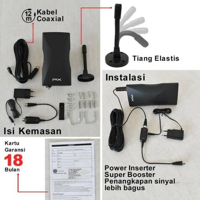 PX DA-5900B Antena TV Digital Analog+Kabel 12M Booster Indoor/Outdoor