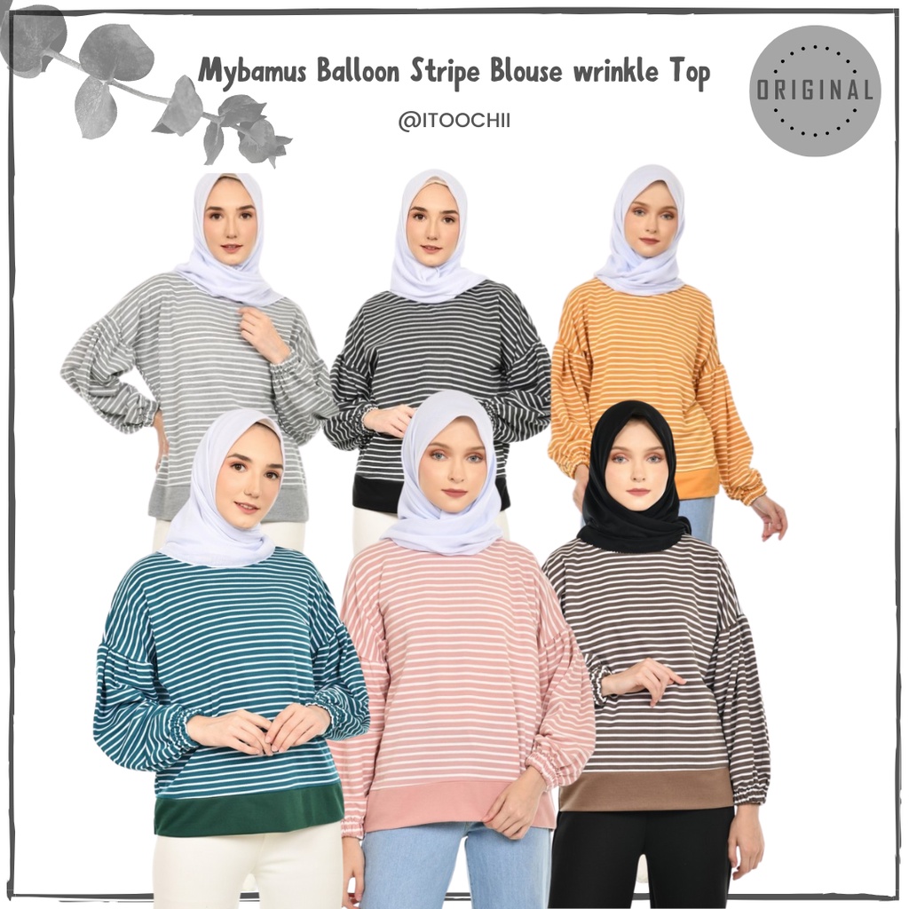Mybamus Balloon Stripe Blouse Wrinkle Top Baju Wanita Lengan Balon Blus Atasan Wanita Baju Muslim
