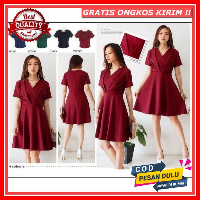 Dress Wanita Zlore - #Dr05 U Neck Dress Lengan Panjang // Korean Party Dress Square Neck - 100% Impo