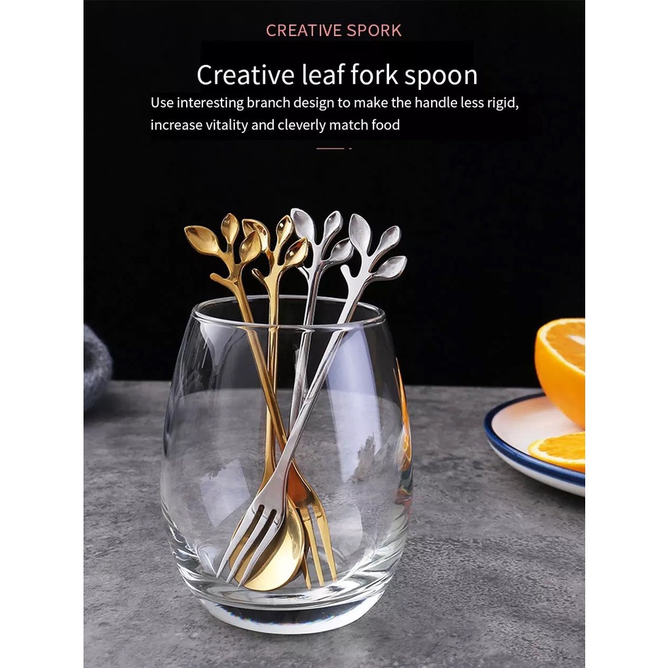 sendok garpu kecil motif daun / leaf coffee tea spoon fork stainless dessert / sendok garpu teh kopi kue buah