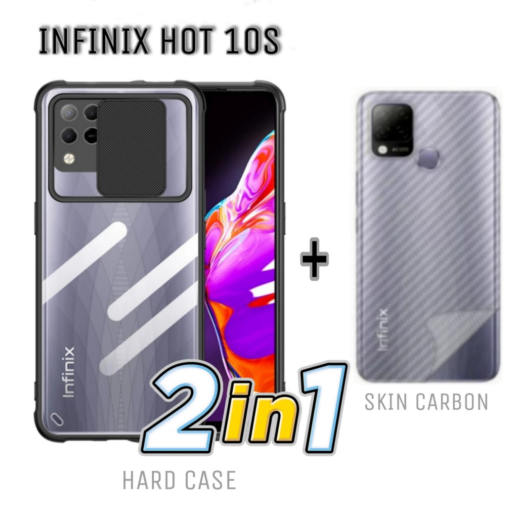 Case INFINIX HOT 10S Paket 2in1 Hard Case Fusion Shield Transparant Free Skin Carbon