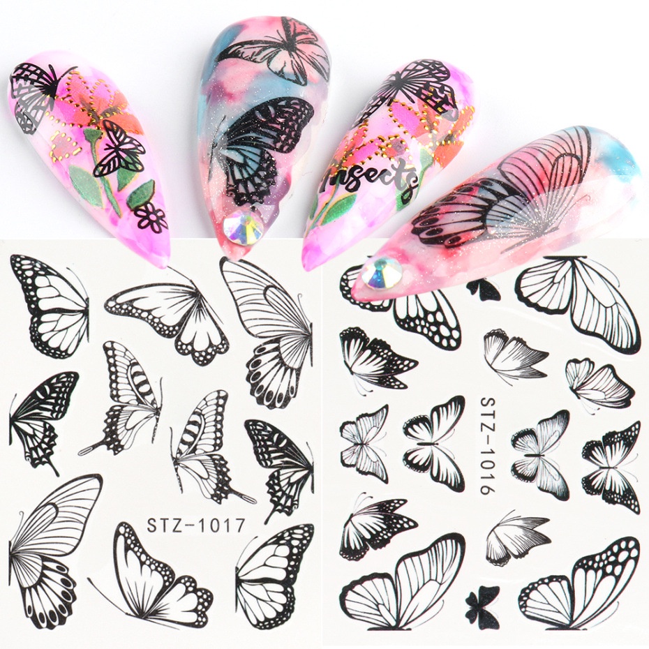 30 Lembar / Pak Stiker Kuku 3D Transfer Air Motif Kupu-Kupu Warna Biru / Hitam Untuk Nail Art