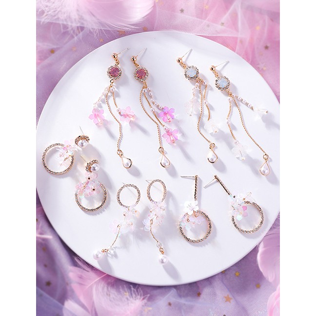 LRC Anting Tusuk Fashion Ring Tassel Needle Sequins Flower Tassel Pearl Crystal Opal Earring F5423X