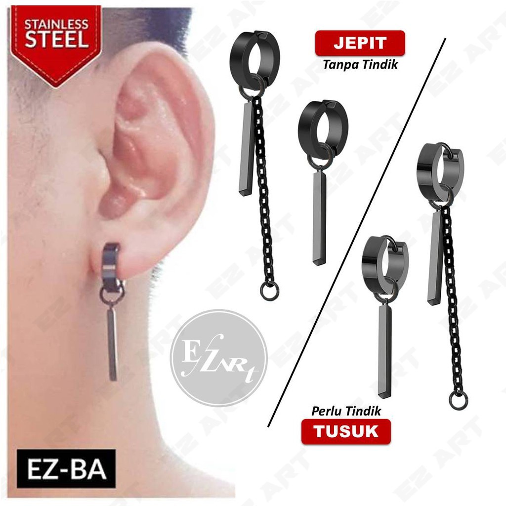 1Pc Model EZ-BA Black Hitam Anting Pria Wanita Jepit Tusuk Variasi Bandul