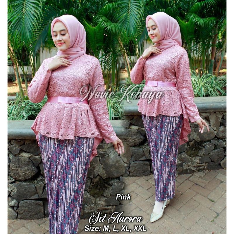 IndahKebaya | SETELAN KEBAYA AURORA BROKAT MIX ROK PLISKET TERLARIS / HIJAU / MOCCA COKSU / NAVY