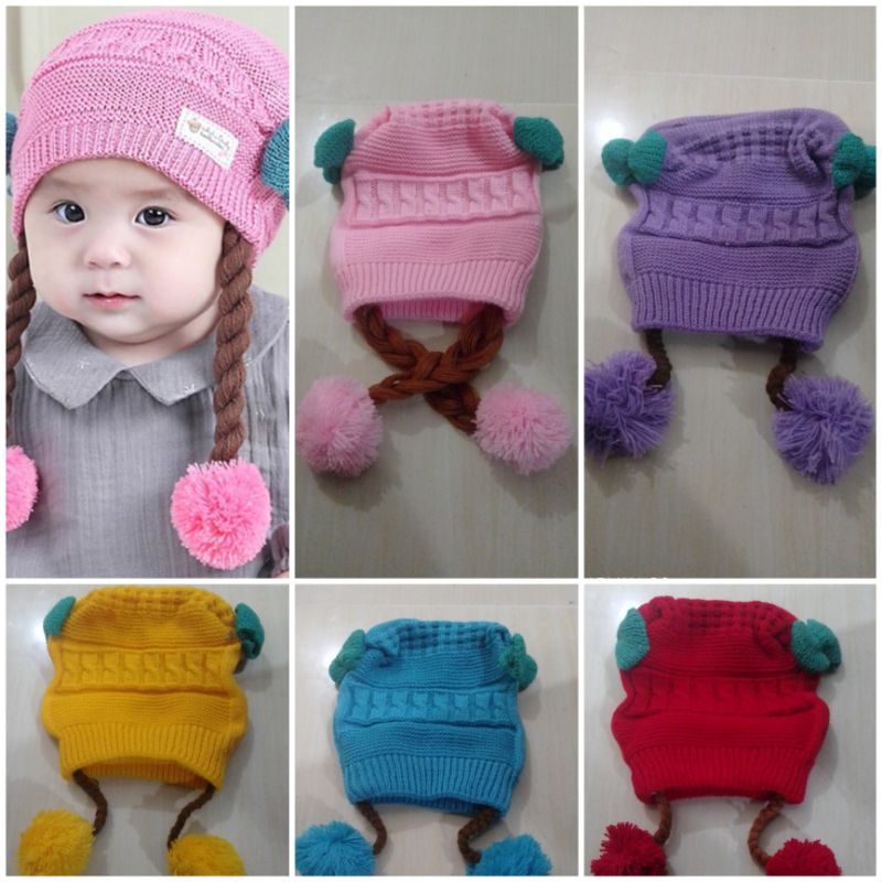 topi bayi perempuan kupluk rajut kepang