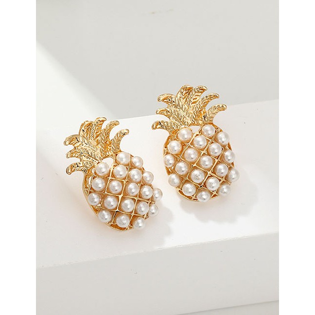 LRC Anting Tusuk Fashion Golden Alloy Pineapple Pearl Earrings D63036