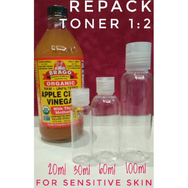 Repack TONER 1:2 BRAGG apple cider vinegar share Cuka apel wajah muka Makassar 20 30 60 15rb 100 ml