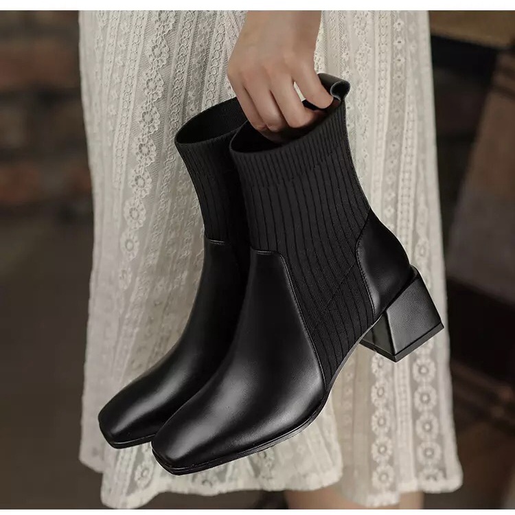 Sepatu Heels Ankle Boots Rajut Wanita Knit Sock Boots