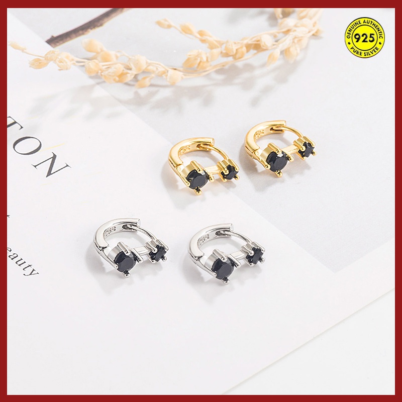 Anting Bulat Simple Warna Hitam Hias Berlian Imitasi Untuk Wanita U1027