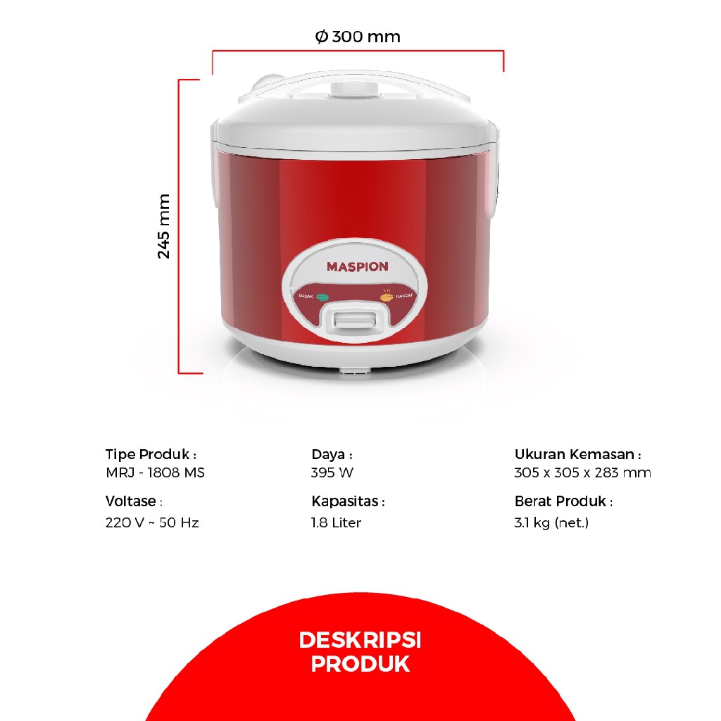 Maspion Rice Cooker Stainless steel SUS304 1.8L MRJ1808MS-NEW