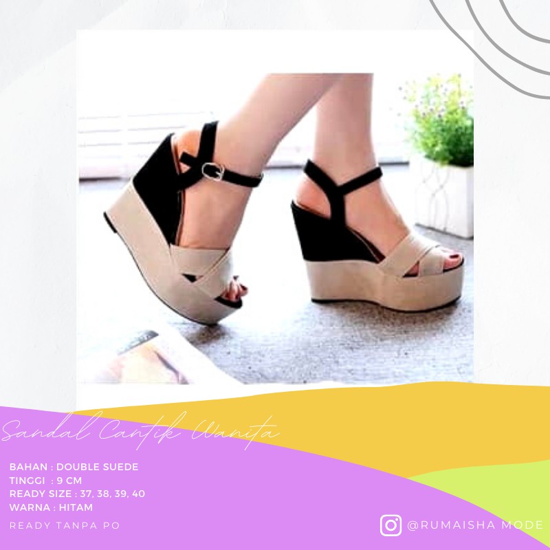SANDAL WEDGES TINGGI CREAM HITAM